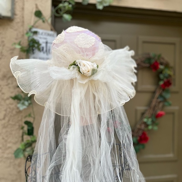 Elegant White Lace Wedding Hat with Veil cream flowers OS main image 5